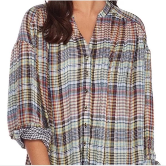 Free People Plaid Oversized Pleated Button Up Long Sleeve Top Come On Over XS - Picture 8 of 11
